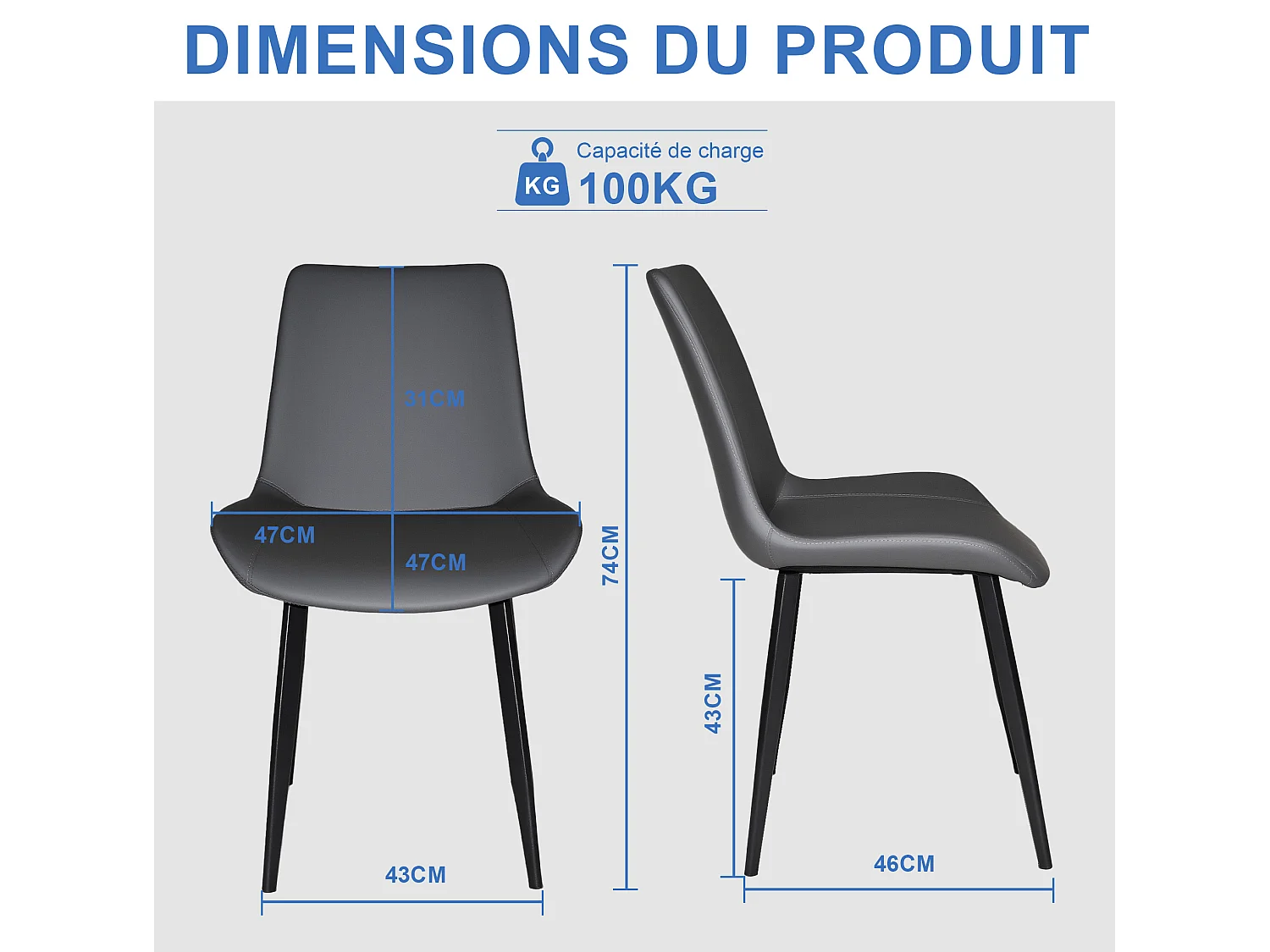 Lot de 4 chaises en PU gris avec pieds en acier noir