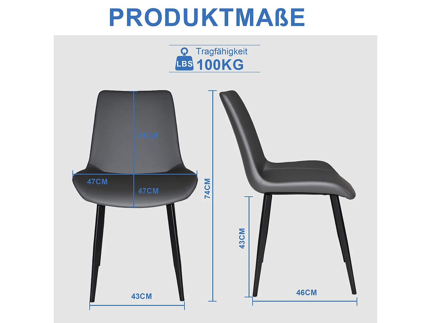 Lot de 4 chaises en PU gris avec pieds en acier noir
