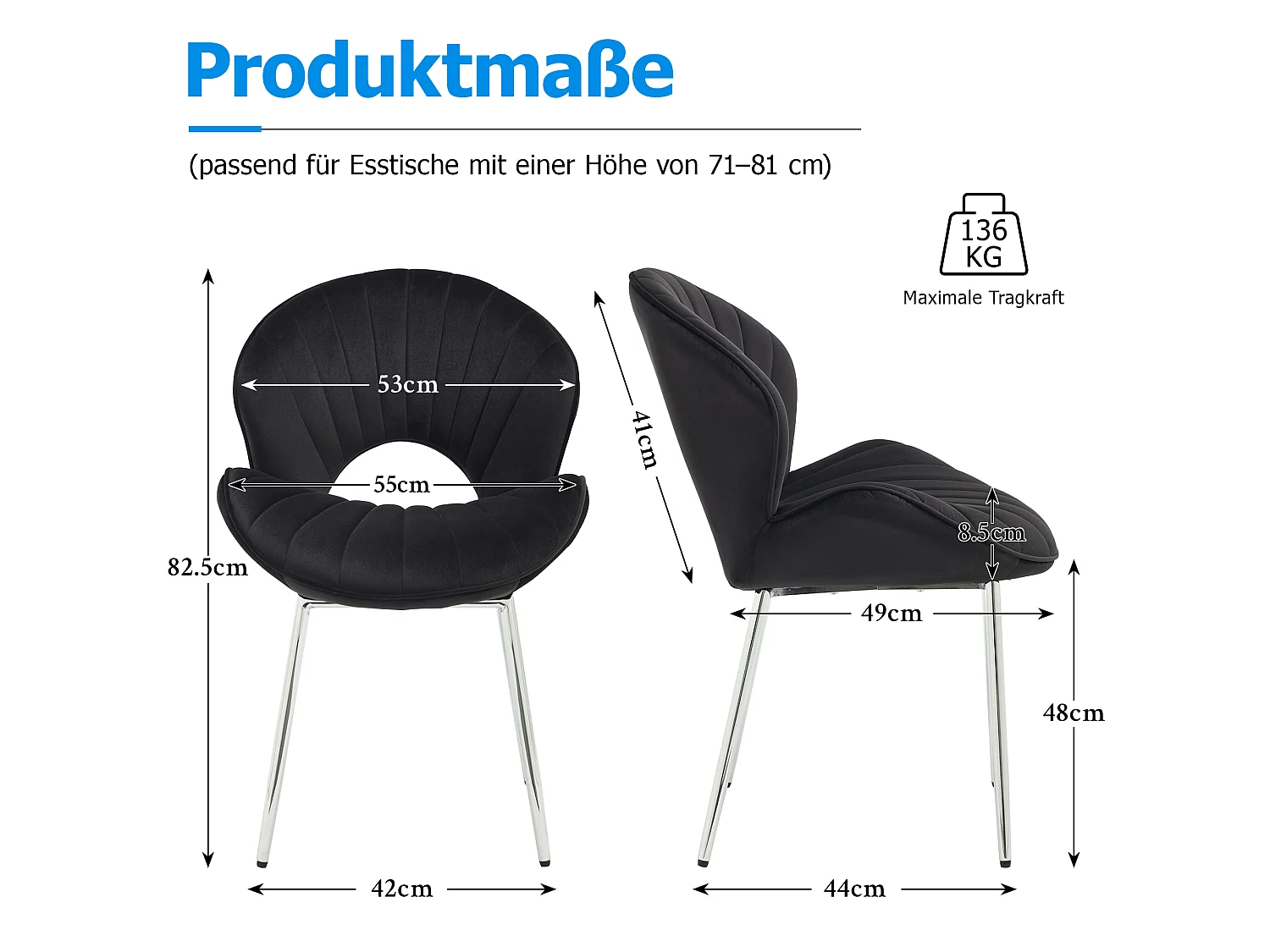 Set van 2 fluwelen stoelen met gebogen rugleuning en open achterzijde – Zonder armleuningen – Zwart