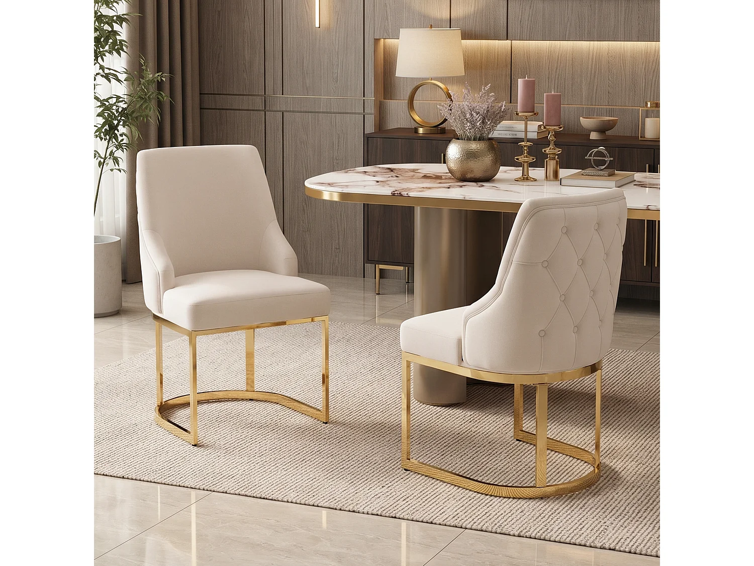 Set van 4 beige fluwelen stoelen met goudkleurige metalen poten – Moderne stijl