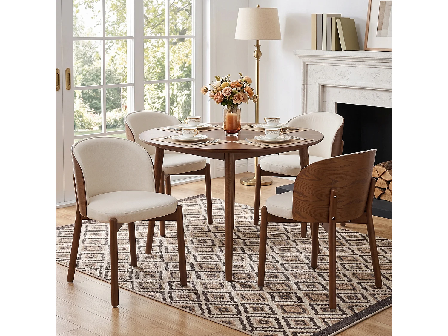 Conjunto de 6 sillas de comedor de madera y lino - Marrón y blanco