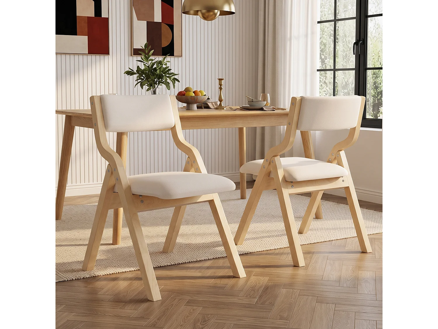 Juego de 4 sillas plegables, beige y natural - Madera y lino