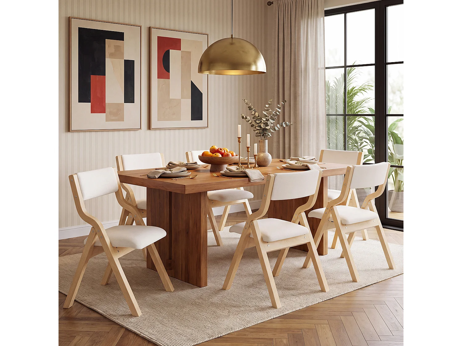 Juego de 4 sillas plegables, beige y natural - Madera y lino