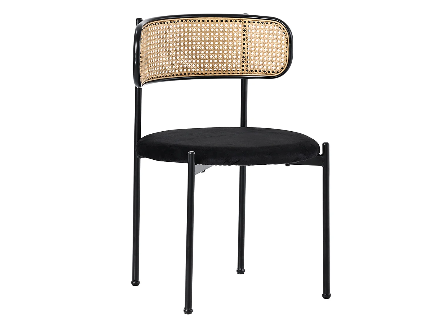 Lot de 6 chaises velours noir, dossier rotin, pieds métal, design scandinave, salle à manger