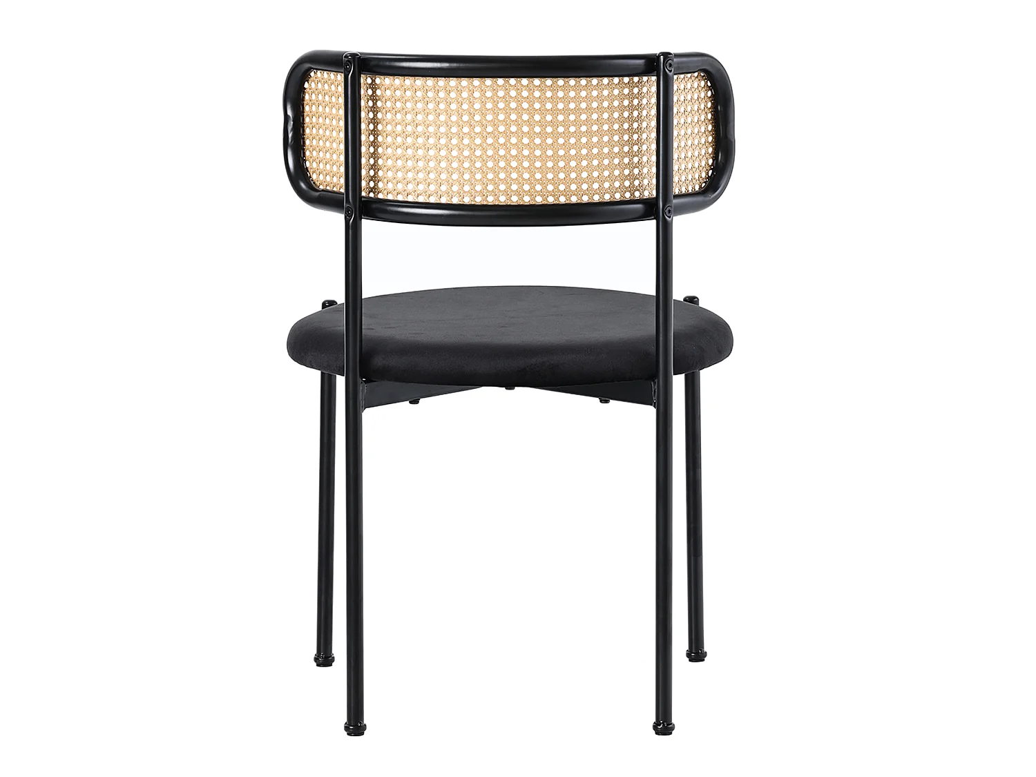 Lot de 6 chaises velours noir, dossier rotin, pieds métal, design scandinave, salle à manger
