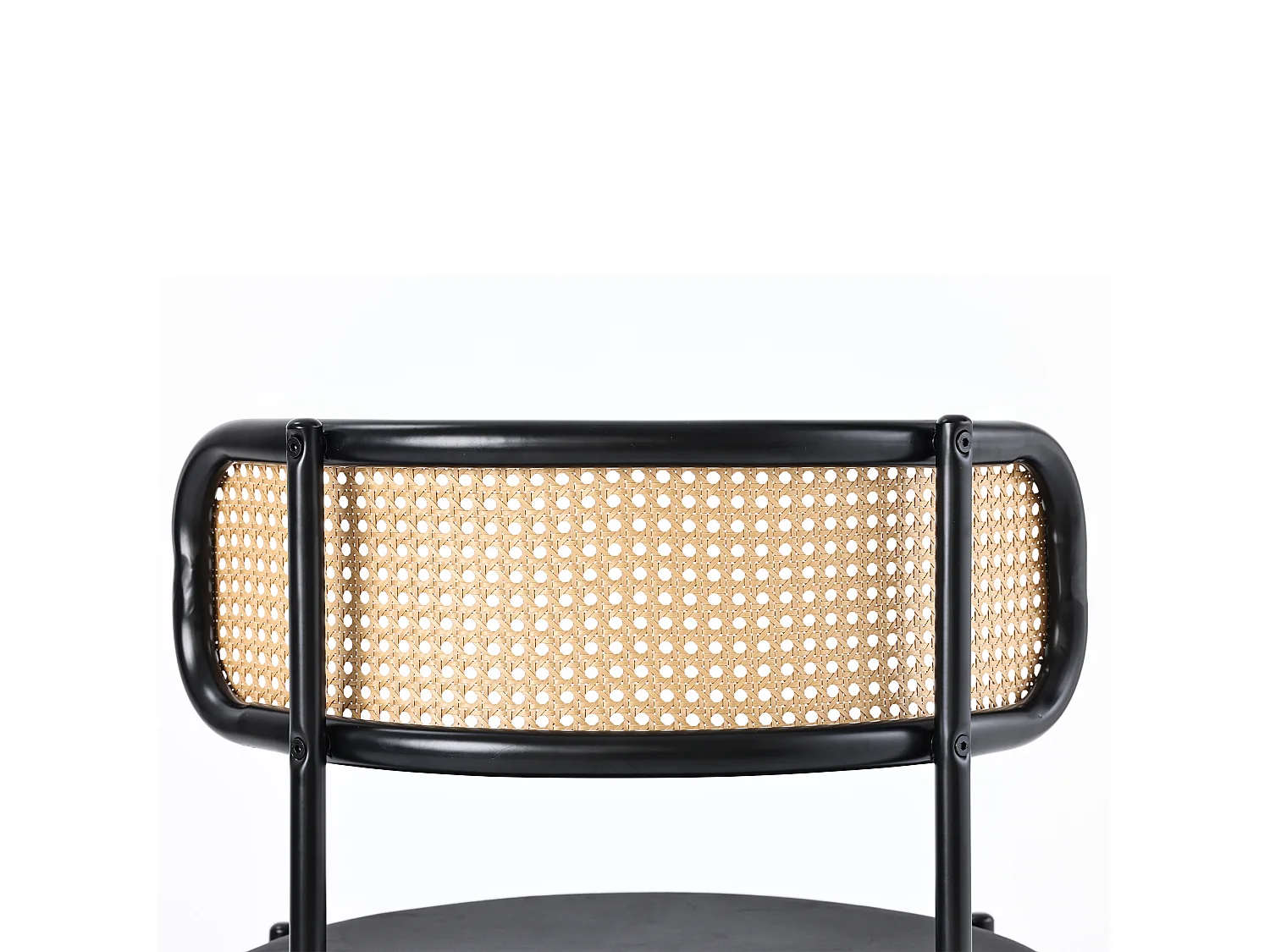 Lot de 6 chaises velours noir, dossier rotin, pieds métal, design scandinave, salle à manger