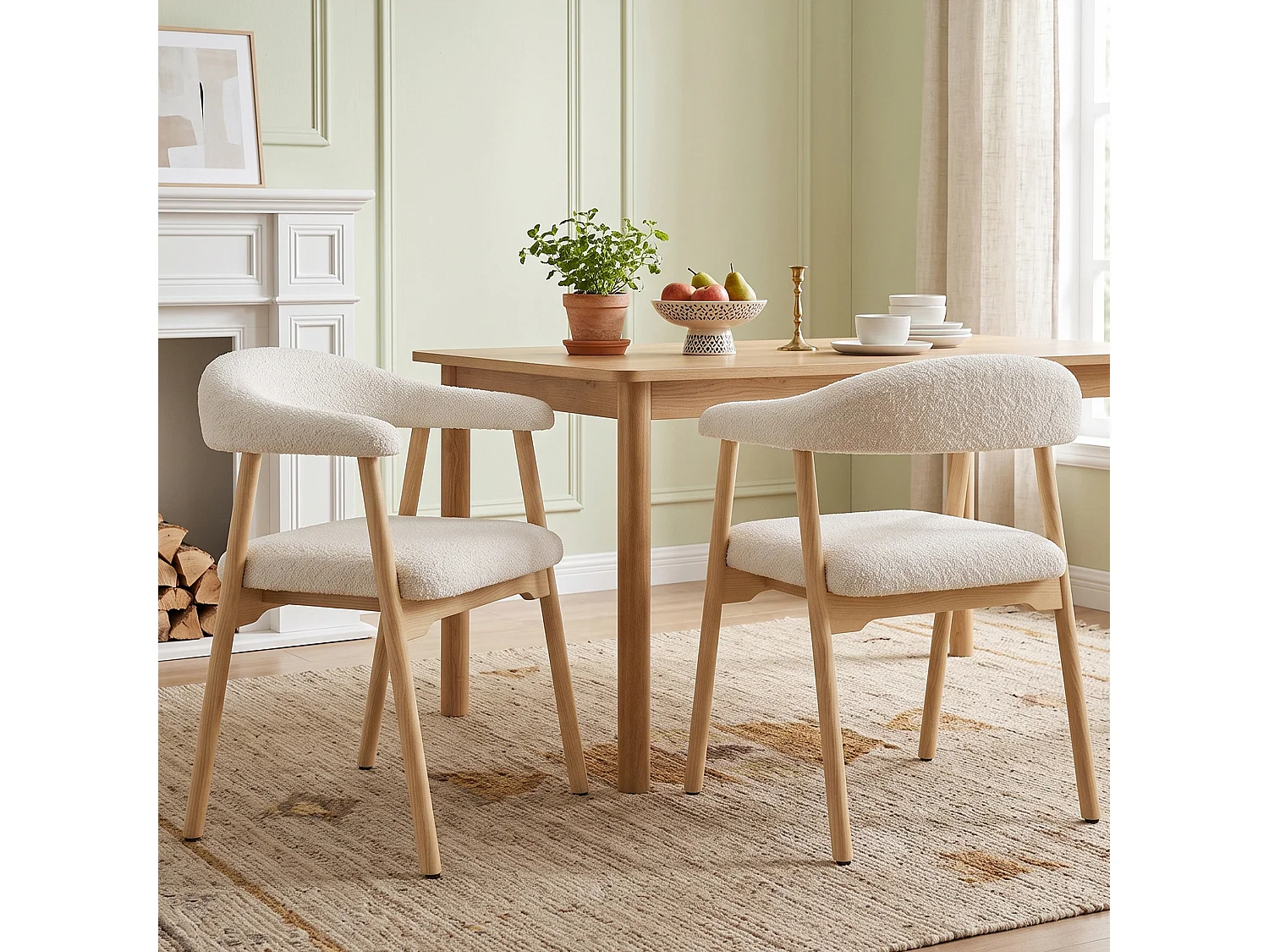 Juego de 4 sillas de madera con tela bouclé - Natural y beige