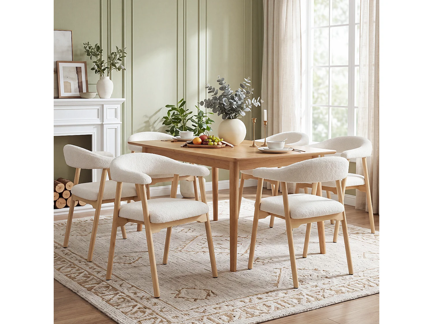 Juego de 4 sillas de madera con tela bouclé - Natural y beige
