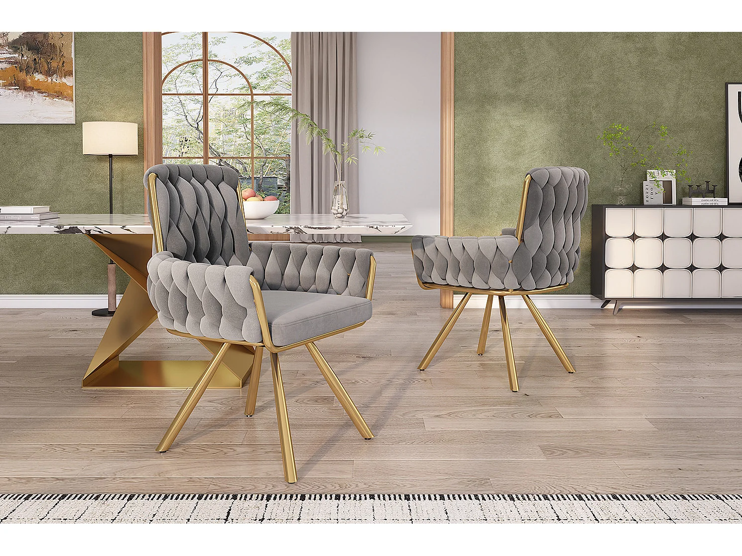 Lot de 6 chaises pivotant en velours - Pieds en métal - Gris