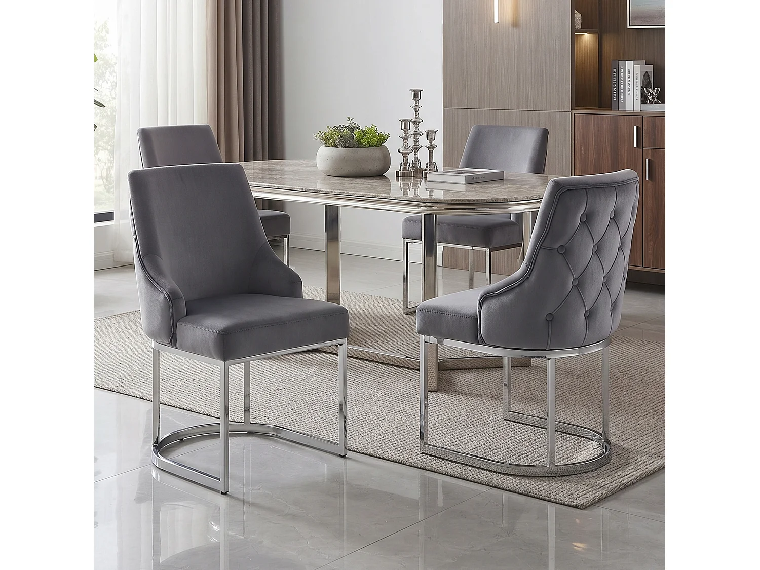 Lot de 6 chaises en velours gris avec pieds en métal argenté - Style moderne