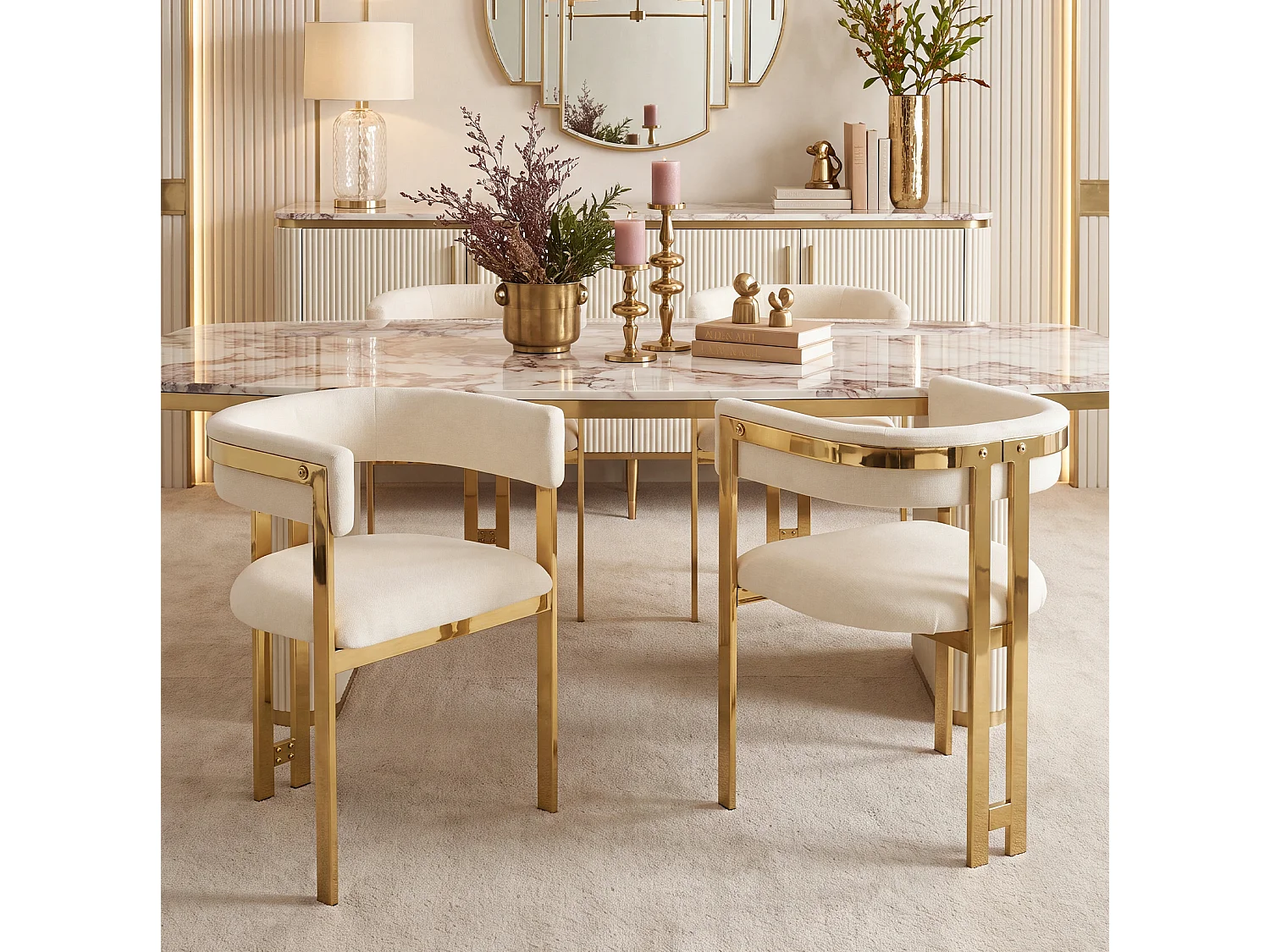 Juego de 6 sillas de comedor de chenilla - Beige y dorado