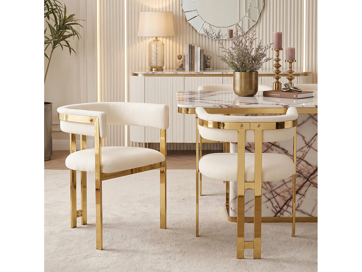 Juego de 6 sillas de comedor de chenilla - Beige y dorado