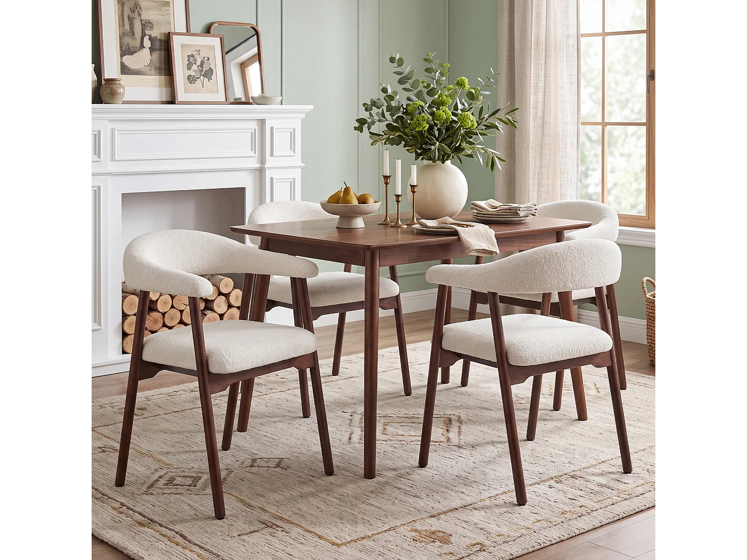 Lot de 6 chaises en bois et tissu bouclé - Marron et beige