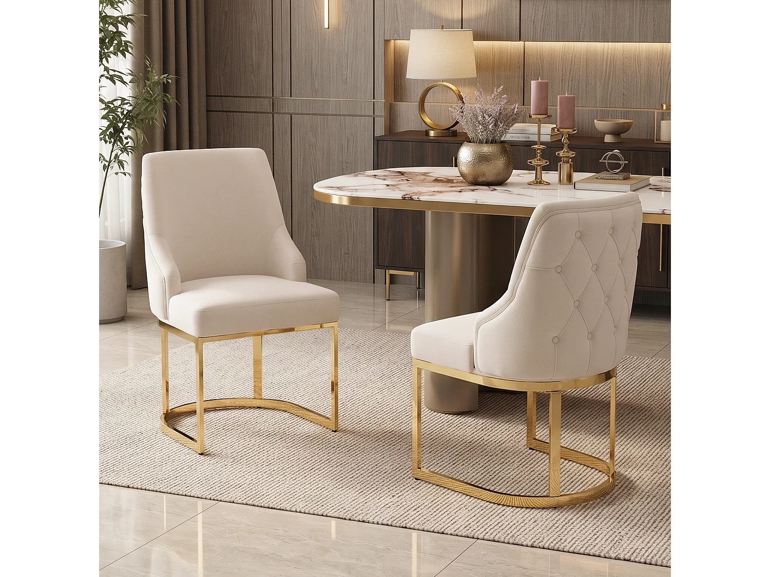 Lot de 6 chaises en velours beige avec pieds en métal doré - Style moderne
