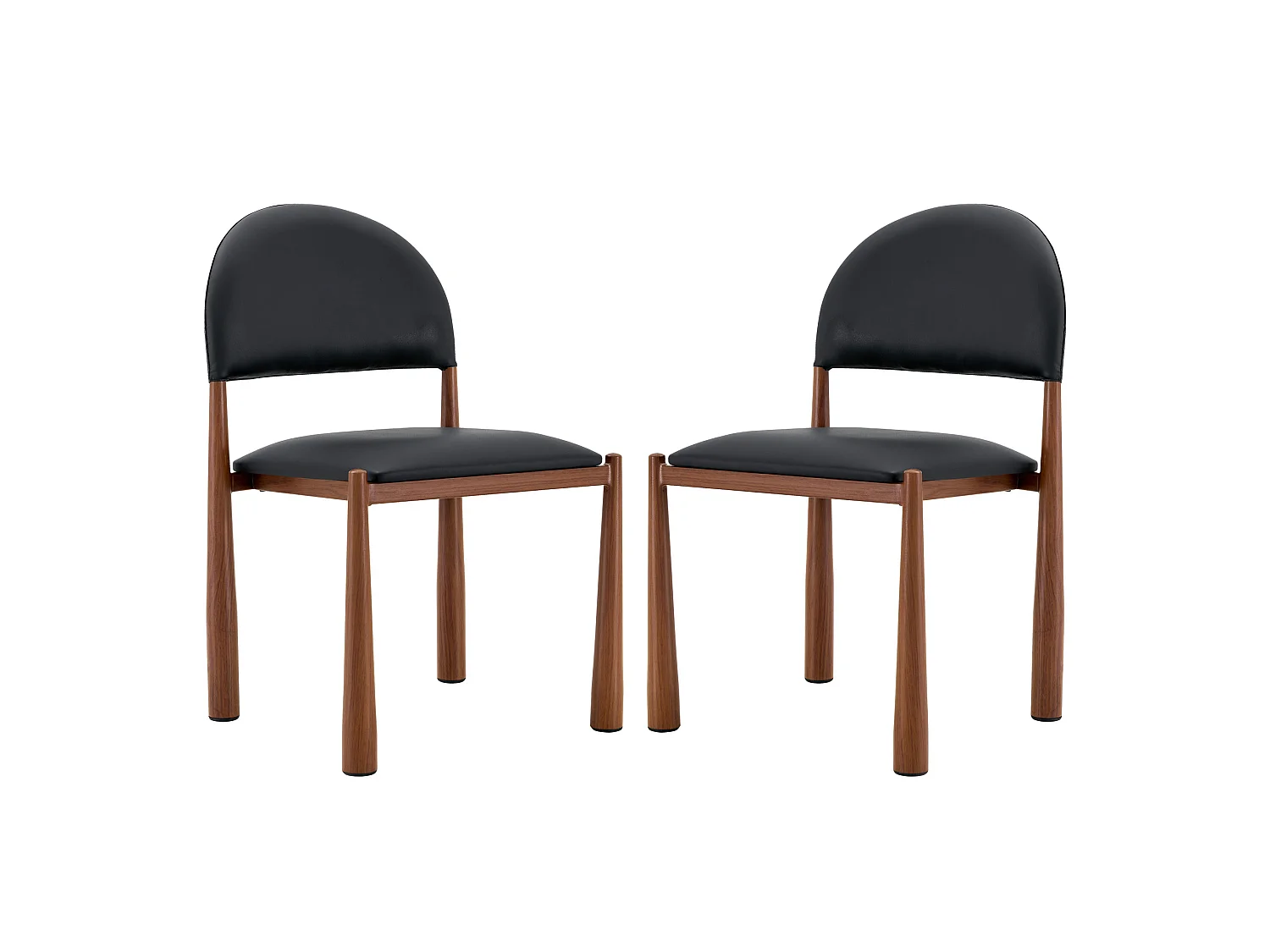 Set van 2 PU-stoelen met halfronde rugleuning en metalen poten met walnootafwerking – Zwart