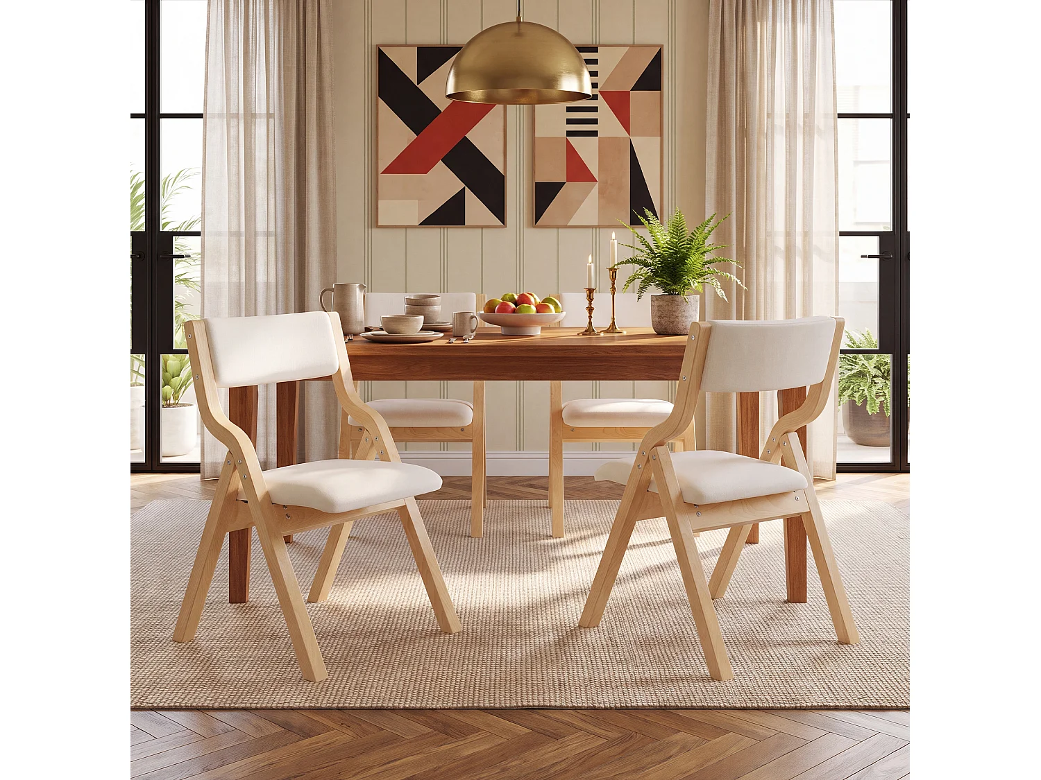 Lot de 6 chaises pliantes beige et naturel - Bois et lin