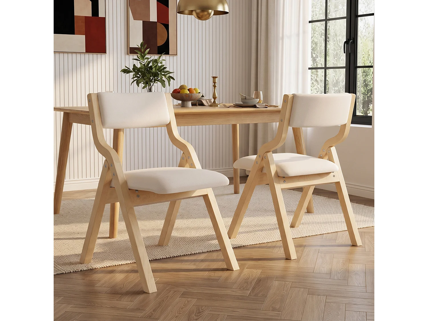Lot de 6 chaises pliantes beige et naturel - Bois et lin