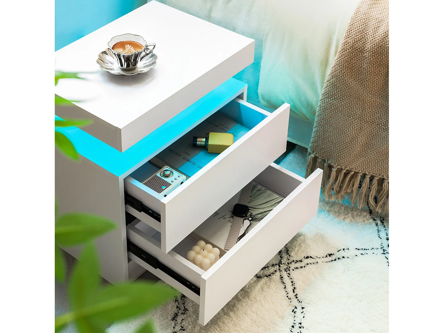 Lot de 2 tables de chevet moderne avec 2 tiroirs et LED - Blanc