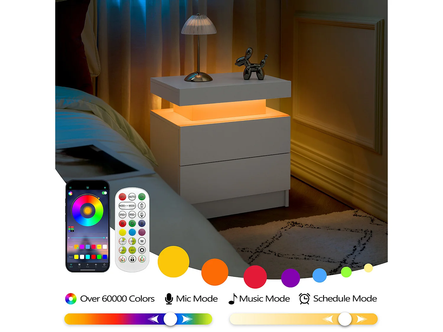 Lot de 2 tables de chevet moderne avec 2 tiroirs et LED - Blanc