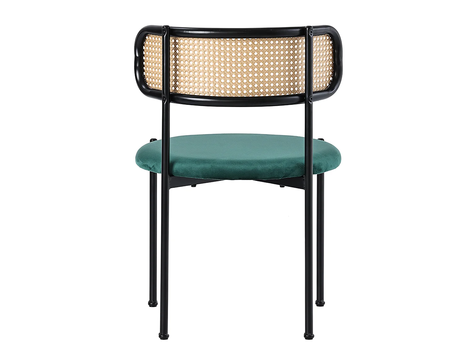 Lot de 4 chaises velours vert, dossier rotin, pieds métal, design scandinave, salle à manger