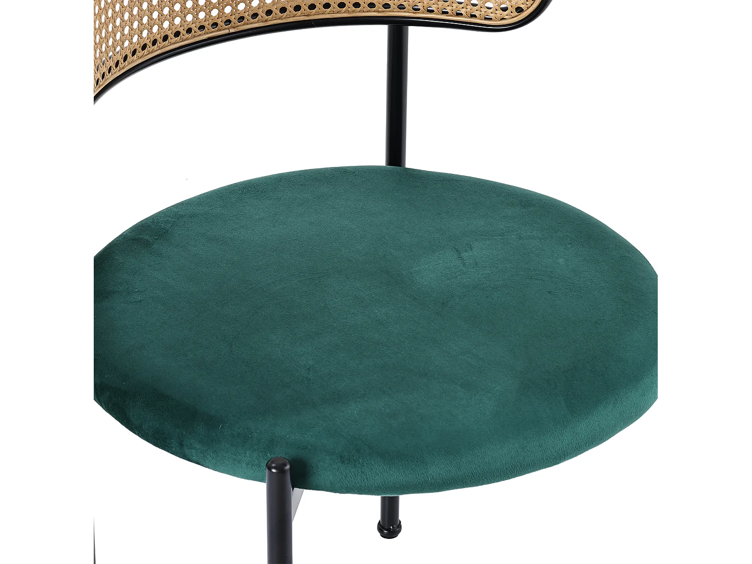 Lot de 4 chaises velours vert, dossier rotin, pieds métal, design scandinave, salle à manger