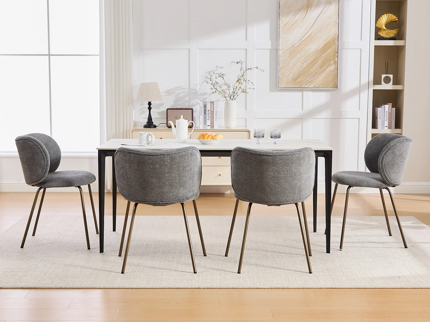 Lot de 2 chaises chenille gris, dossier courbé, pieds métal bronze, design moderne, salle à manger