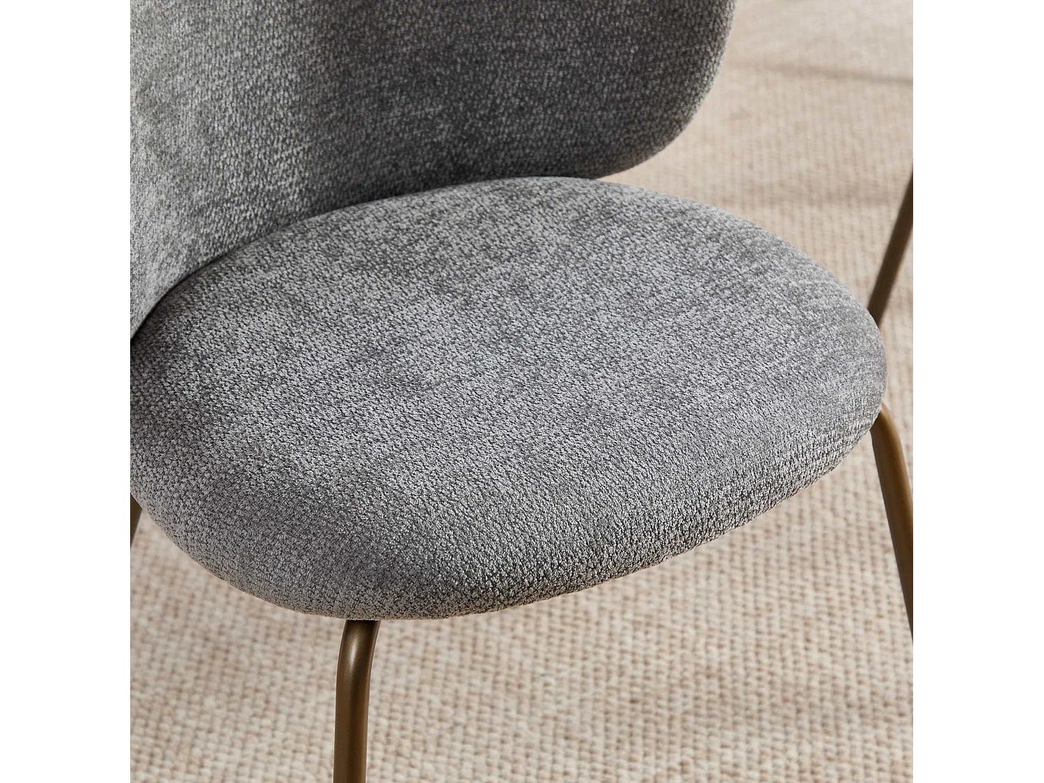 Lot de 2 chaises chenille gris, dossier courbé, pieds métal bronze, design moderne, salle à manger