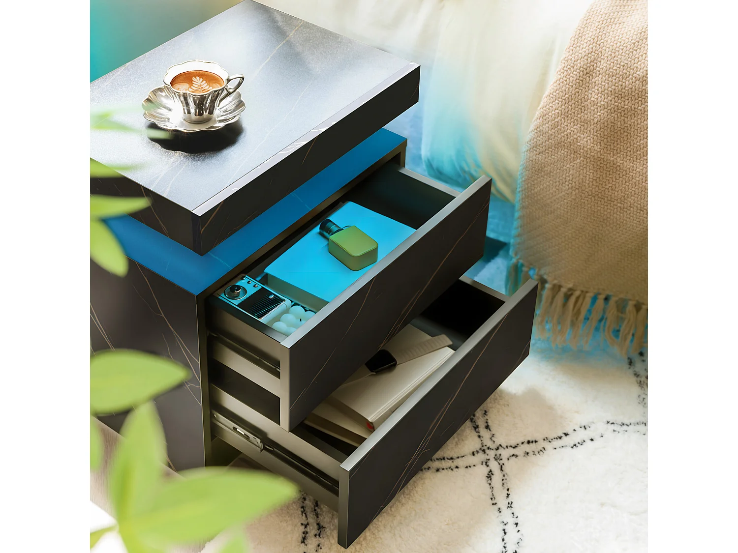 Lot de 2 tables de chevet moderne avec 2 tiroirs et LED - Noir