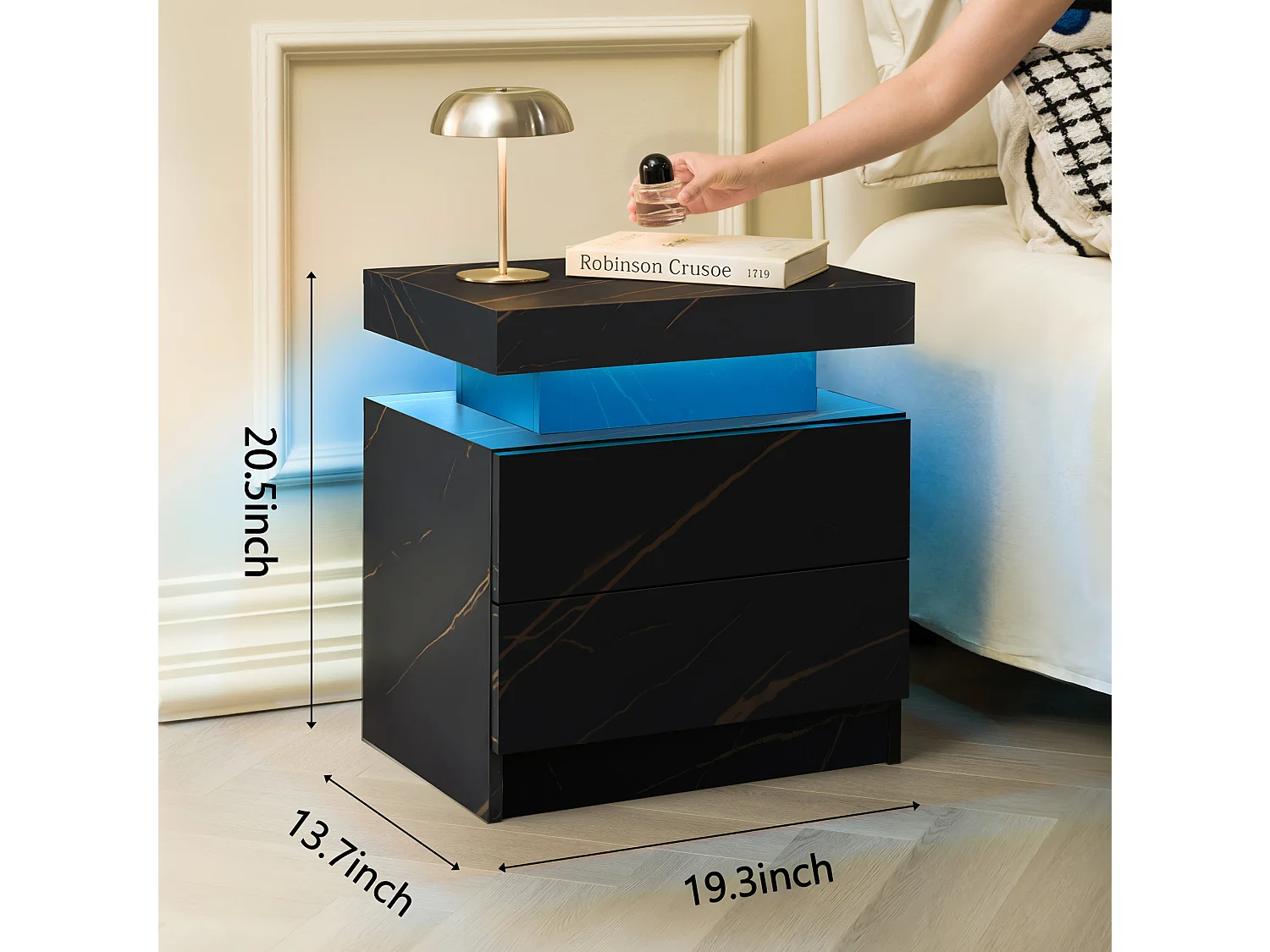 Lot de 2 tables de chevet moderne avec 2 tiroirs et LED - Noir