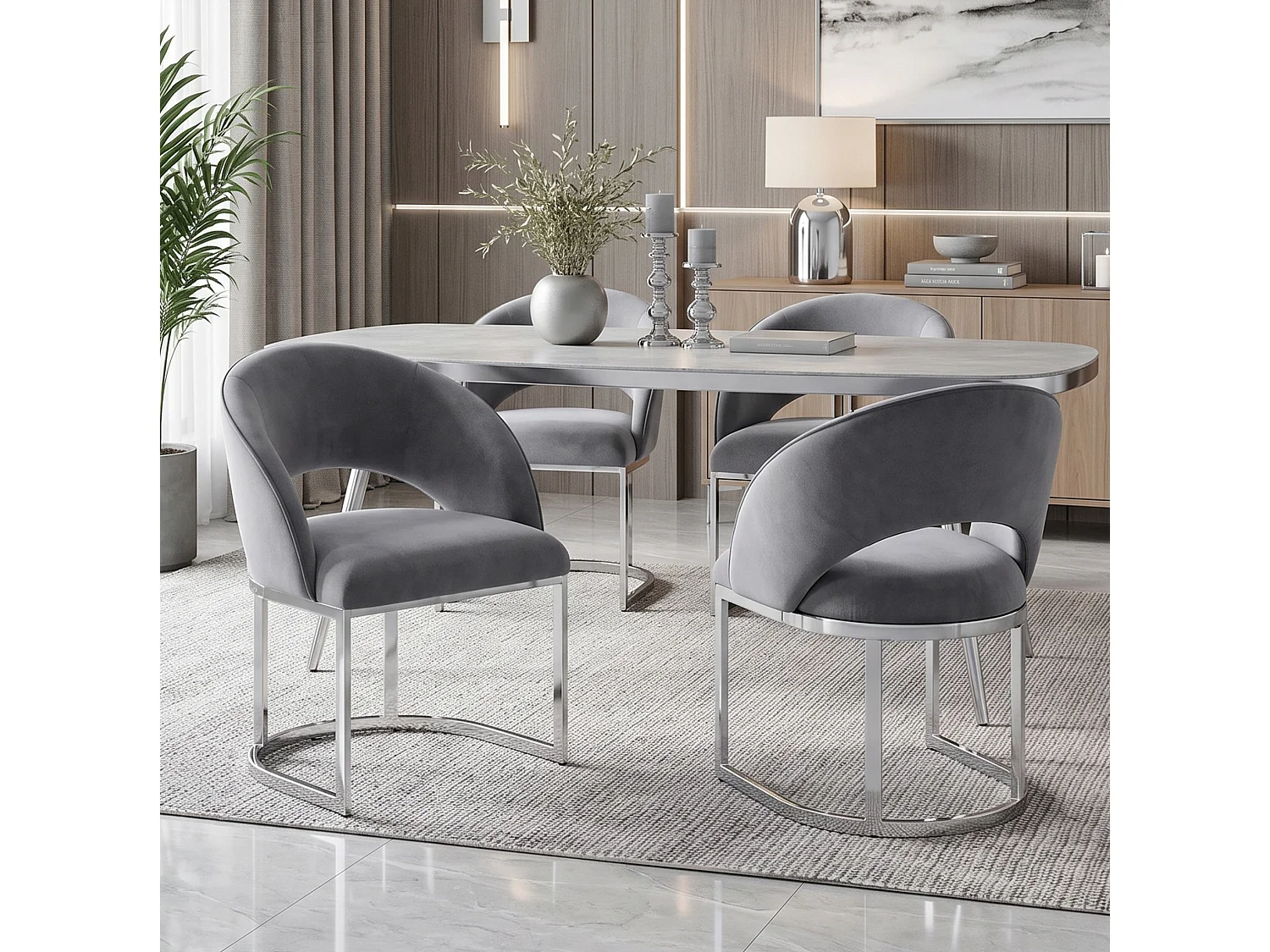 Lot de 6 chaises en tissu bouclé - Style moderne - Gris et argenté