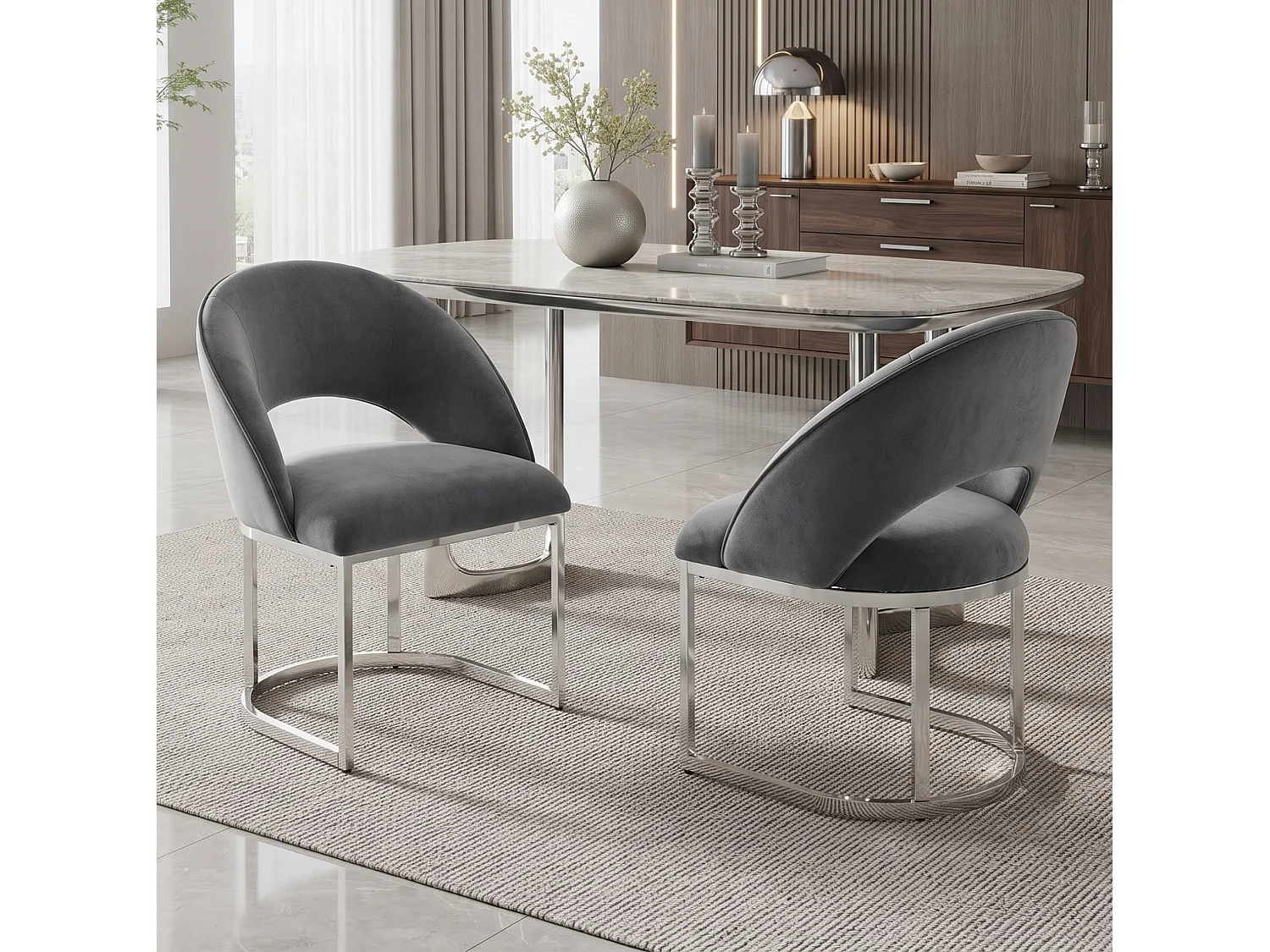 Lot de 6 chaises en tissu bouclé - Style moderne - Gris et argenté