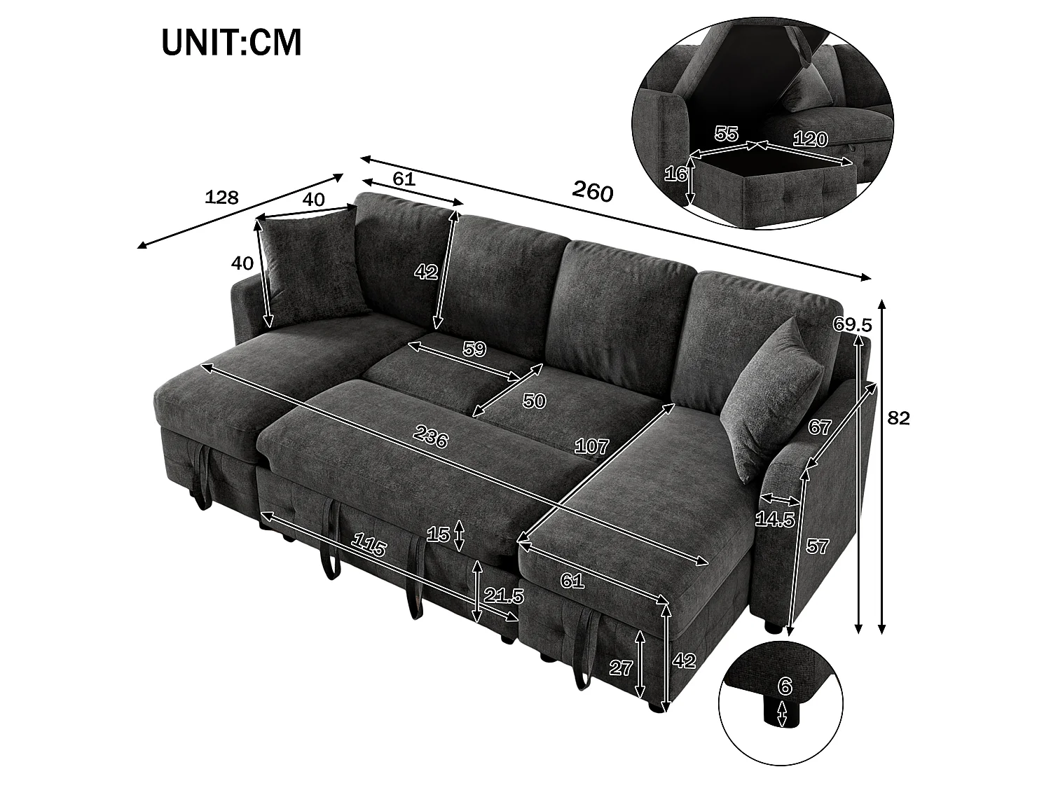 Sofá de Canto Conversível Chenille para 4 Lugares com Almofadas e USB – Cinza-Escuro