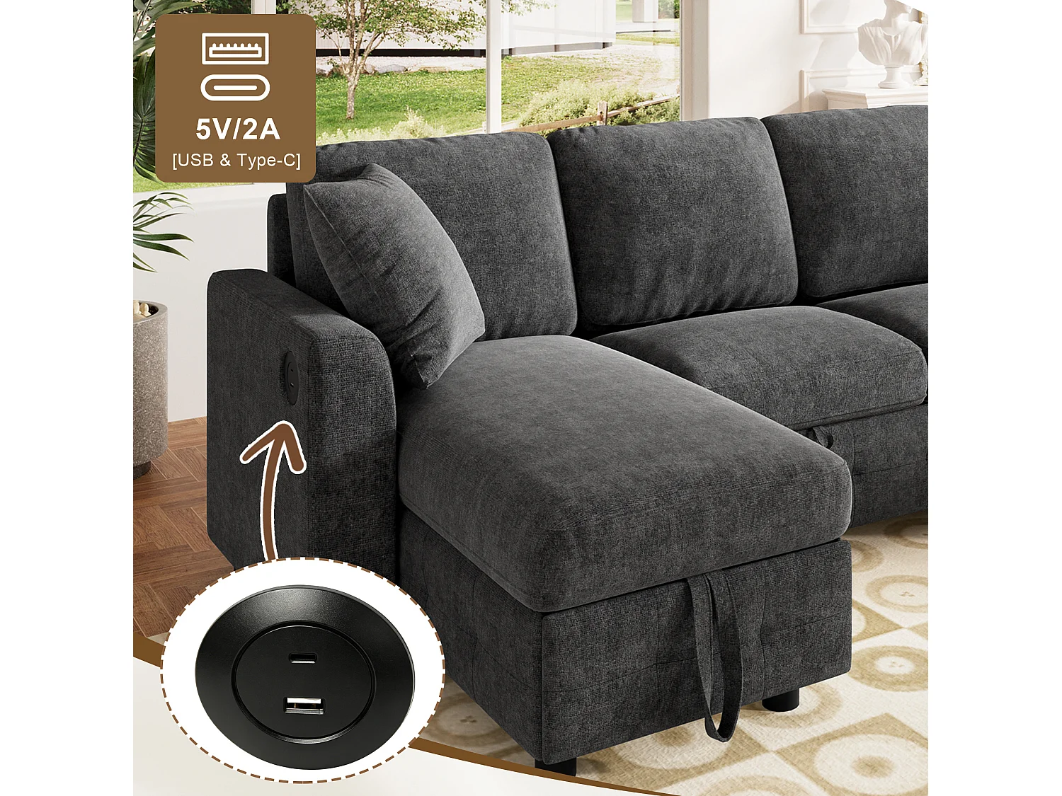 Sofá de Canto Conversível Chenille para 4 Lugares com Almofadas e USB – Cinza-Escuro