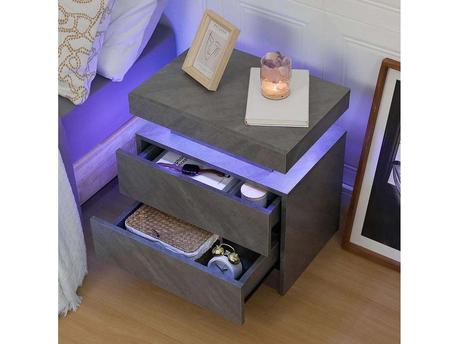 Lot de 2 tables de chevet moderne avec 2 tiroirs et LED - Gris foncé
