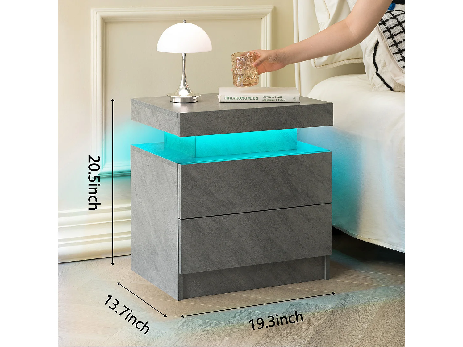 Lot de 2 tables de chevet moderne avec 2 tiroirs et LED - Gris foncé