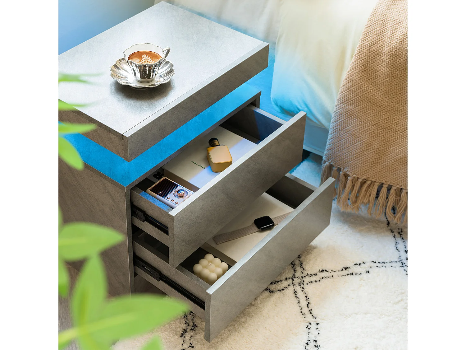 Lot de 2 tables de chevet moderne avec 2 tiroirs et LED - Gris foncé