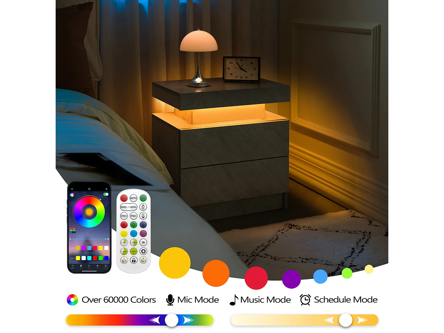 Lot de 2 tables de chevet moderne avec 2 tiroirs et LED - Gris foncé