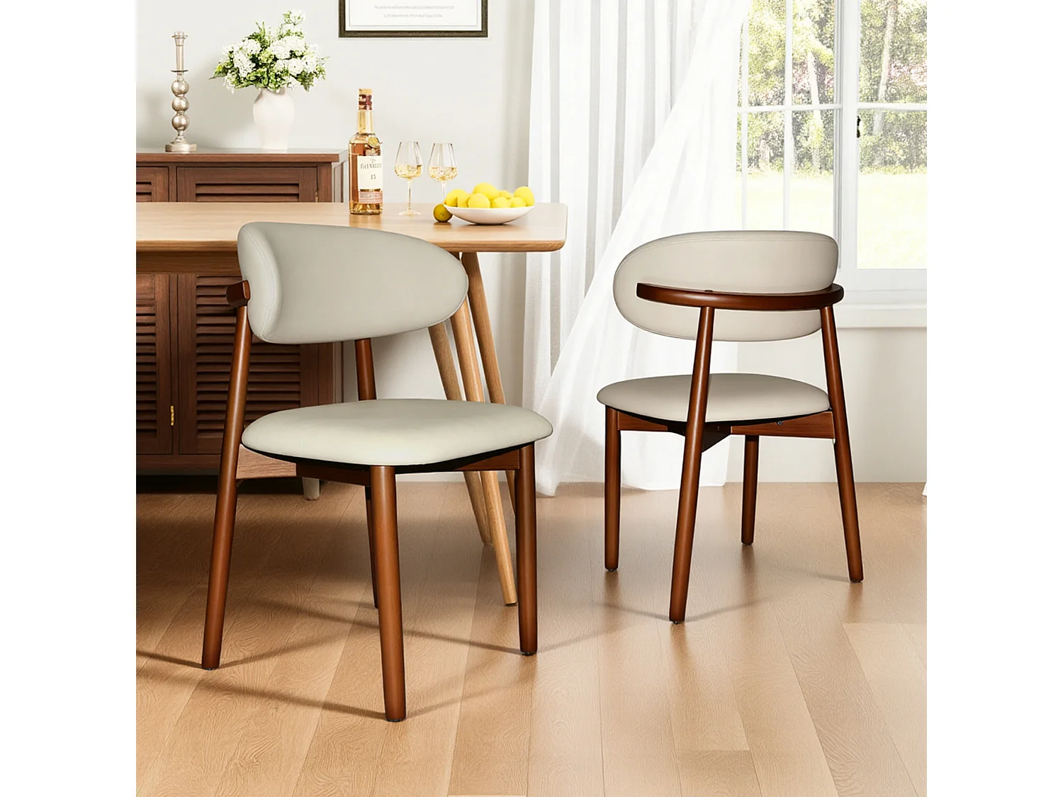 Set van 2 stoelen met poten van walnoothout - Wit kunstleer