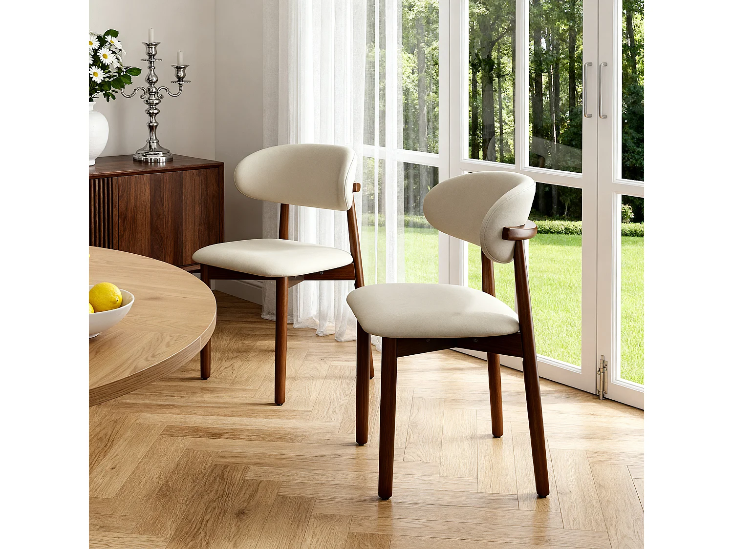 Set van 2 stoelen met poten van walnoothout - Wit kunstleer