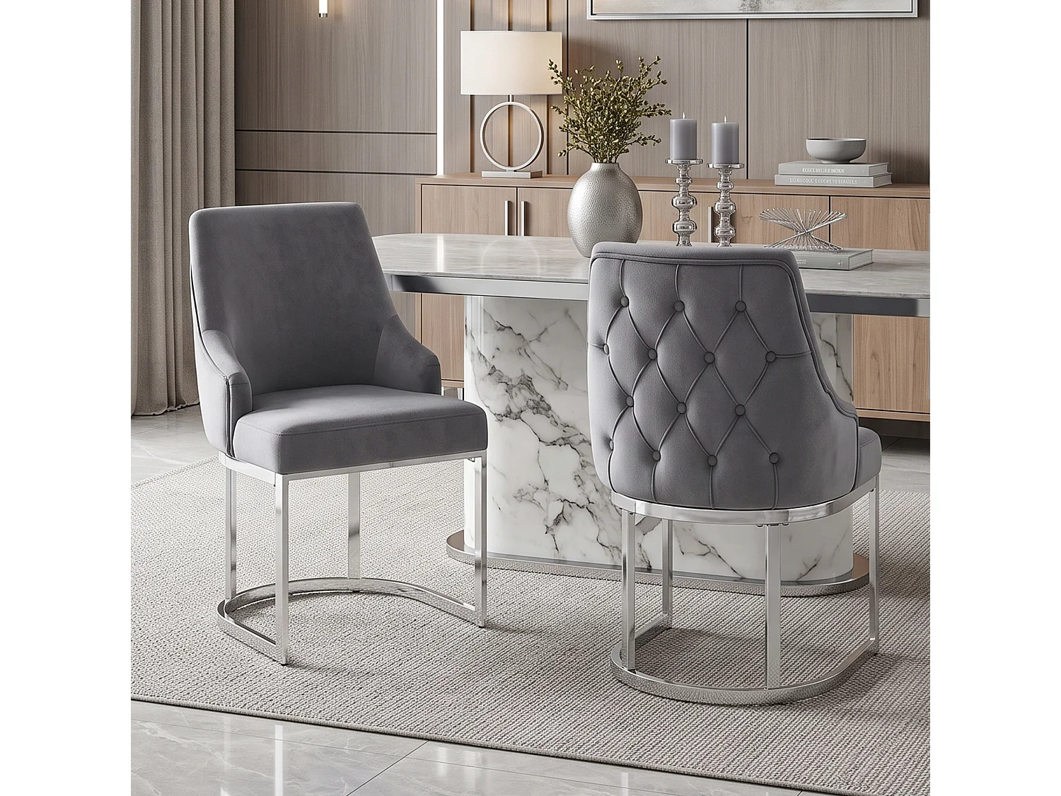 Lot de 4 chaises en velours gris avec pieds en métal argenté - Style moderne