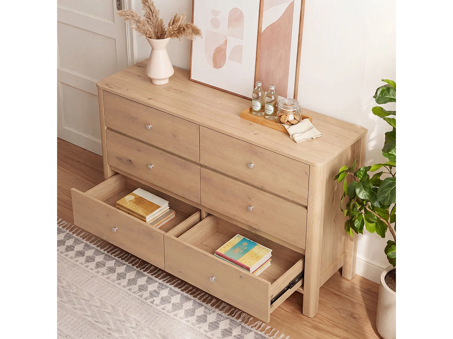 Cassettiera moderna 180x60x120 cm con 6 cassetti - Colore legno