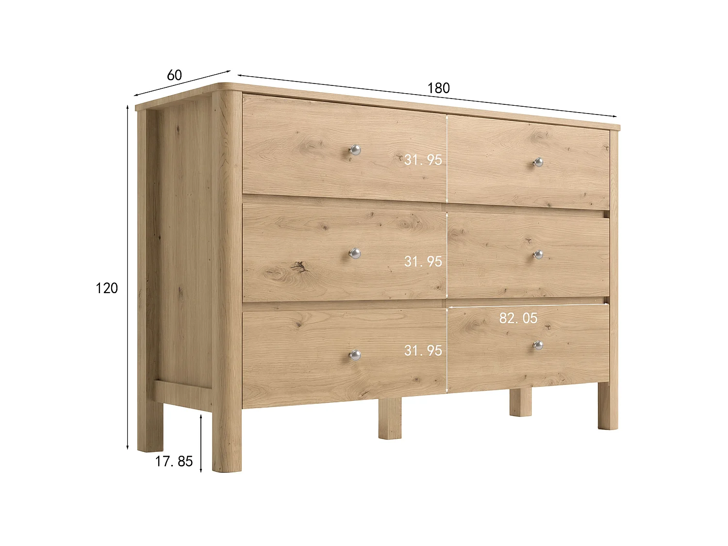 Cassettiera moderna 180x60x120 cm con 6 cassetti - Colore legno