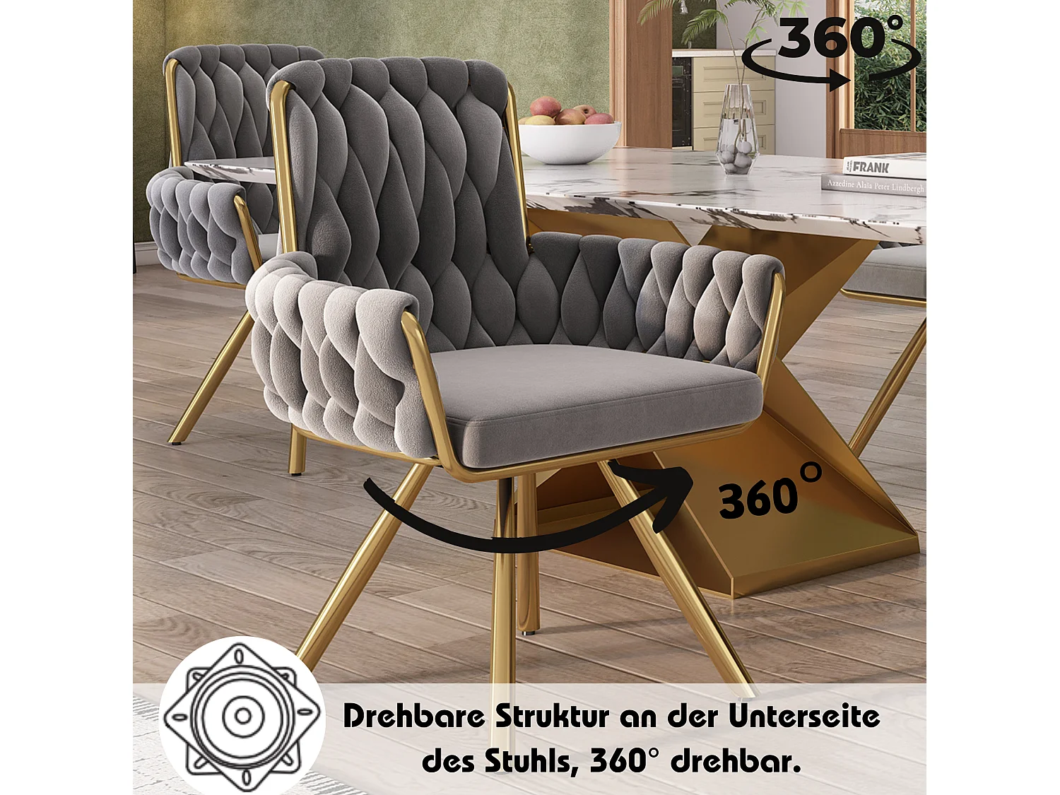 Lot de 2 chaises pivotant en velours - Pieds en métal - Gris