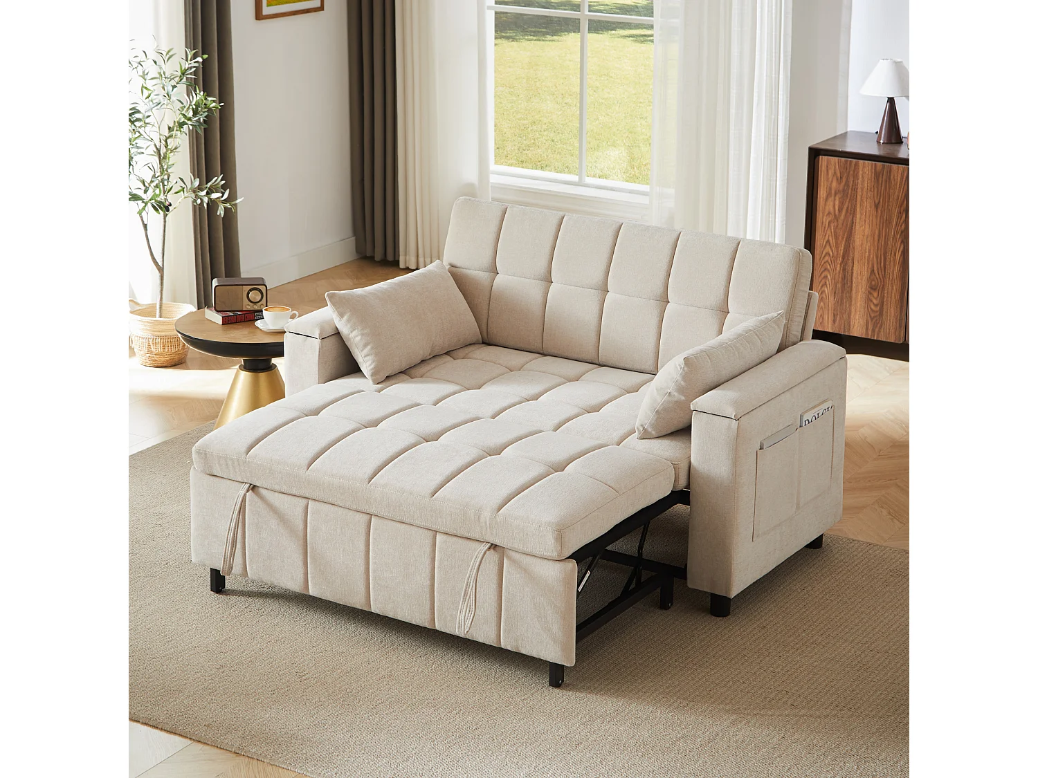 Canapé convertible 2 places 148.6 cm avec poches latérales - Tissu chenille beige