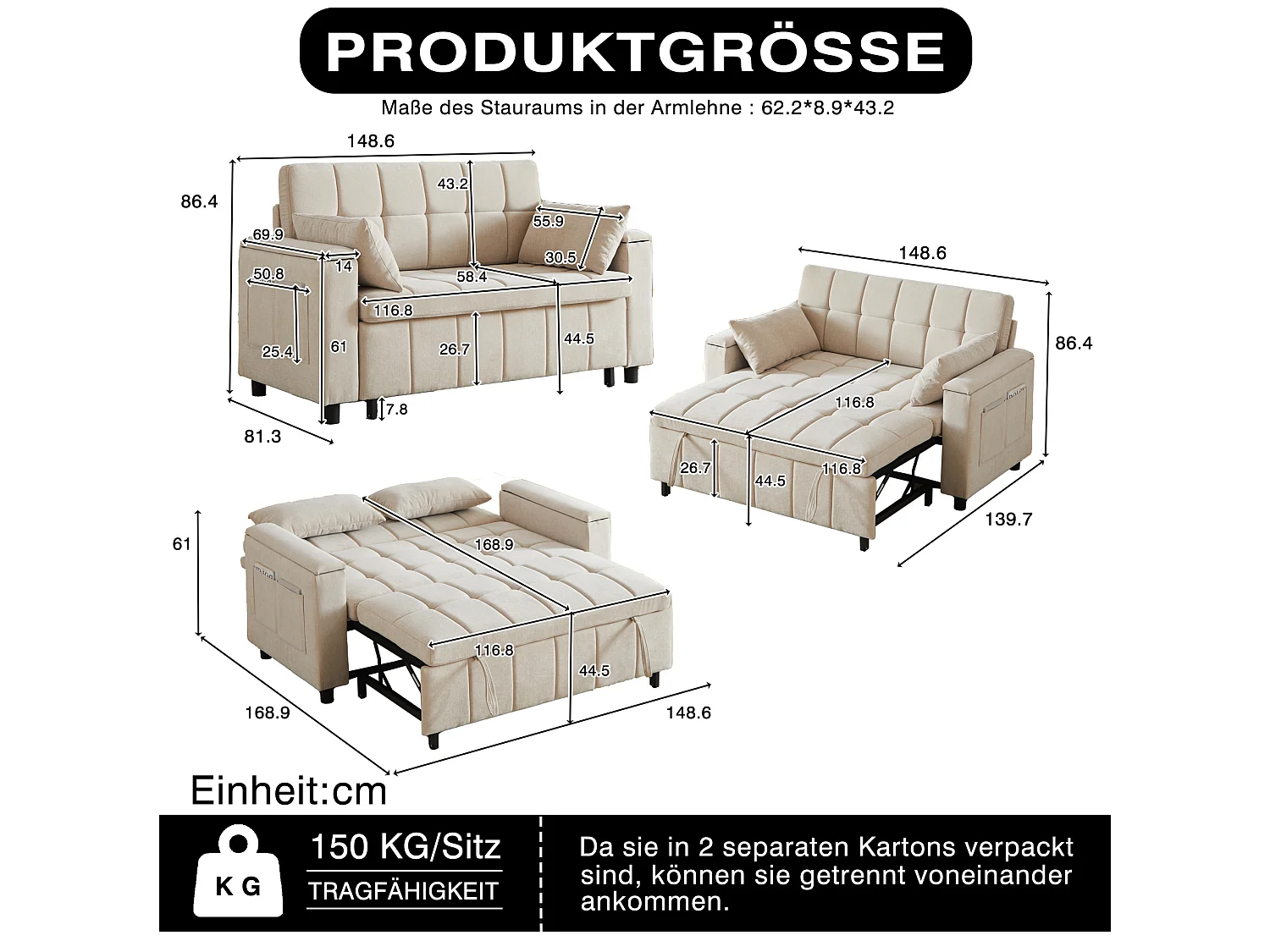 Canapé convertible 2 places 148.6 cm avec poches latérales - Tissu chenille beige