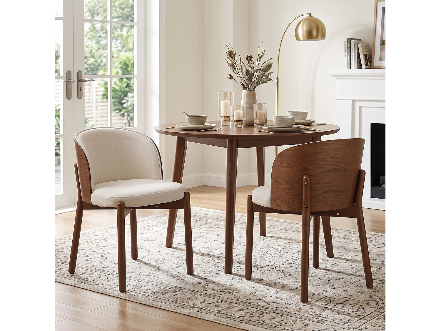 Conjunto de 4 sillas de comedor de madera y lino - Marrón y blanco