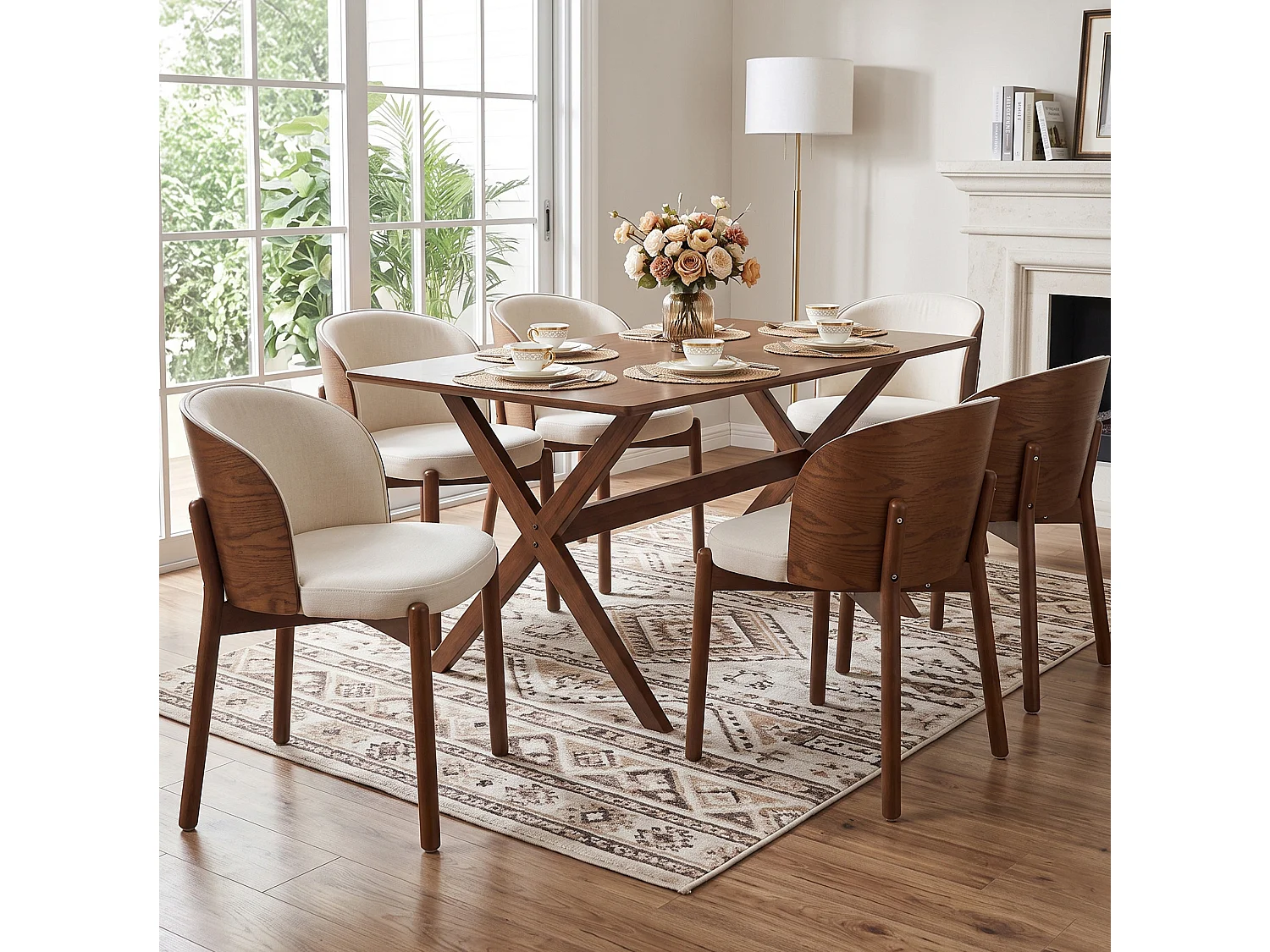 Conjunto de 4 sillas de comedor de madera y lino - Marrón y blanco