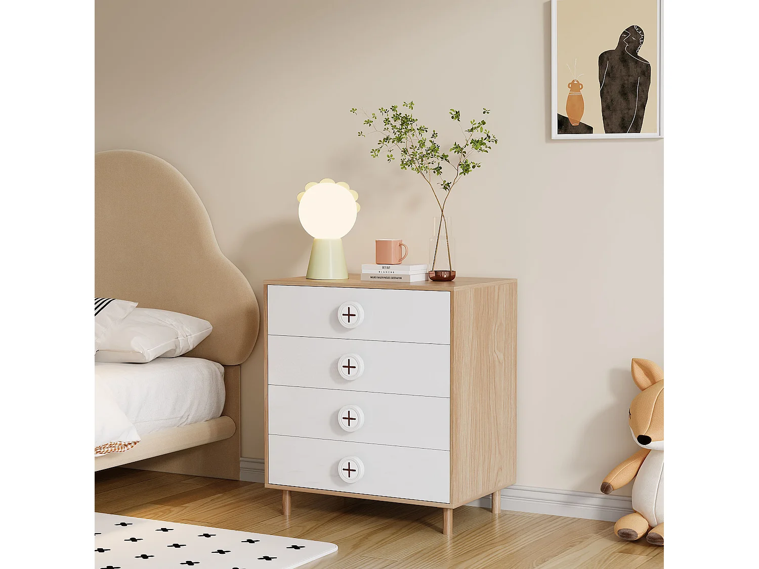 Commode blanche 80 cm, 4 tiroirs, pieds bois, style scandinave, rangement chambre/enfant