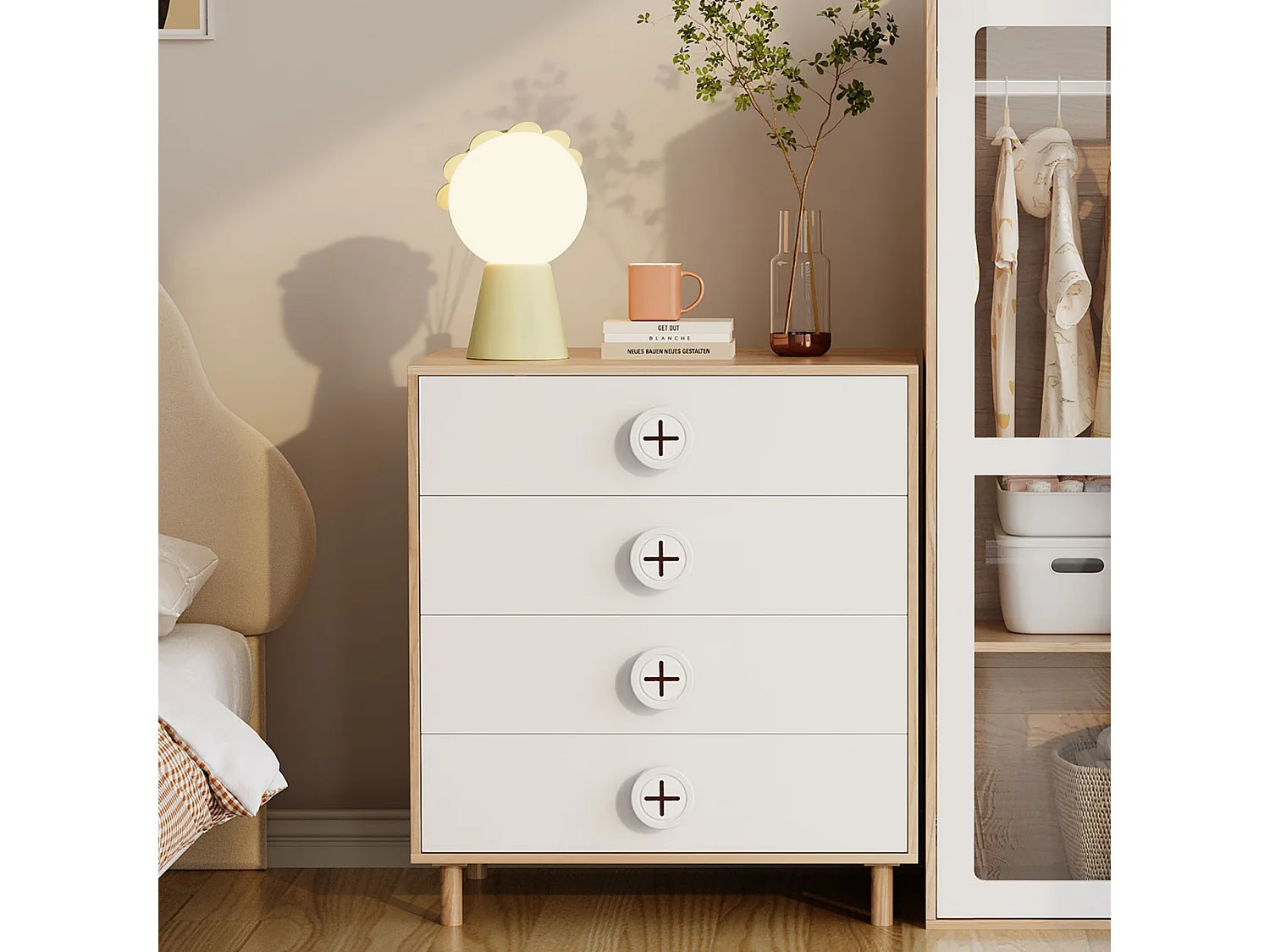 Commode blanche 80 cm, 4 tiroirs, pieds bois, style scandinave, rangement chambre/enfant