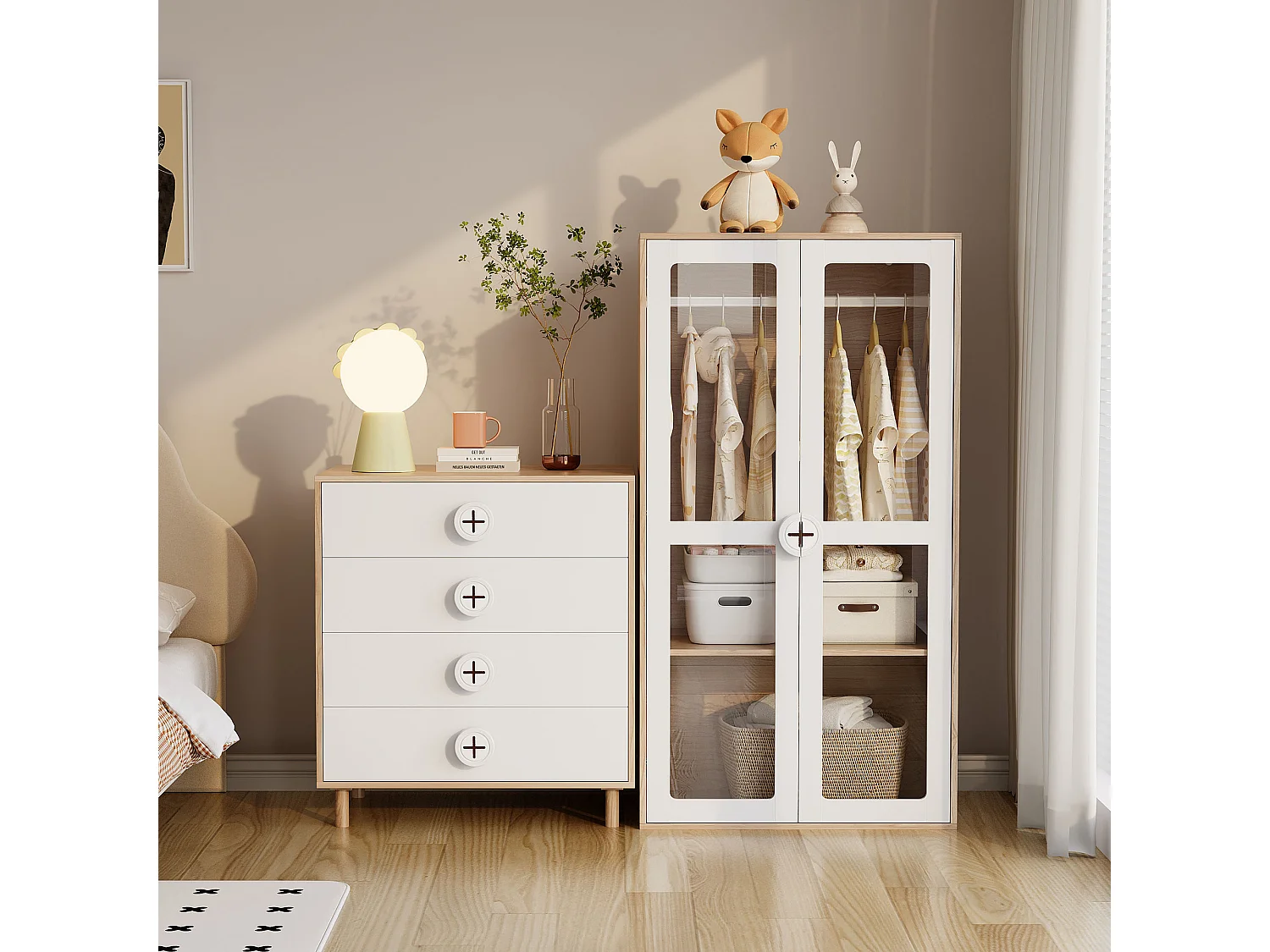 Commode blanche 80 cm, 4 tiroirs, pieds bois, style scandinave, rangement chambre/enfant